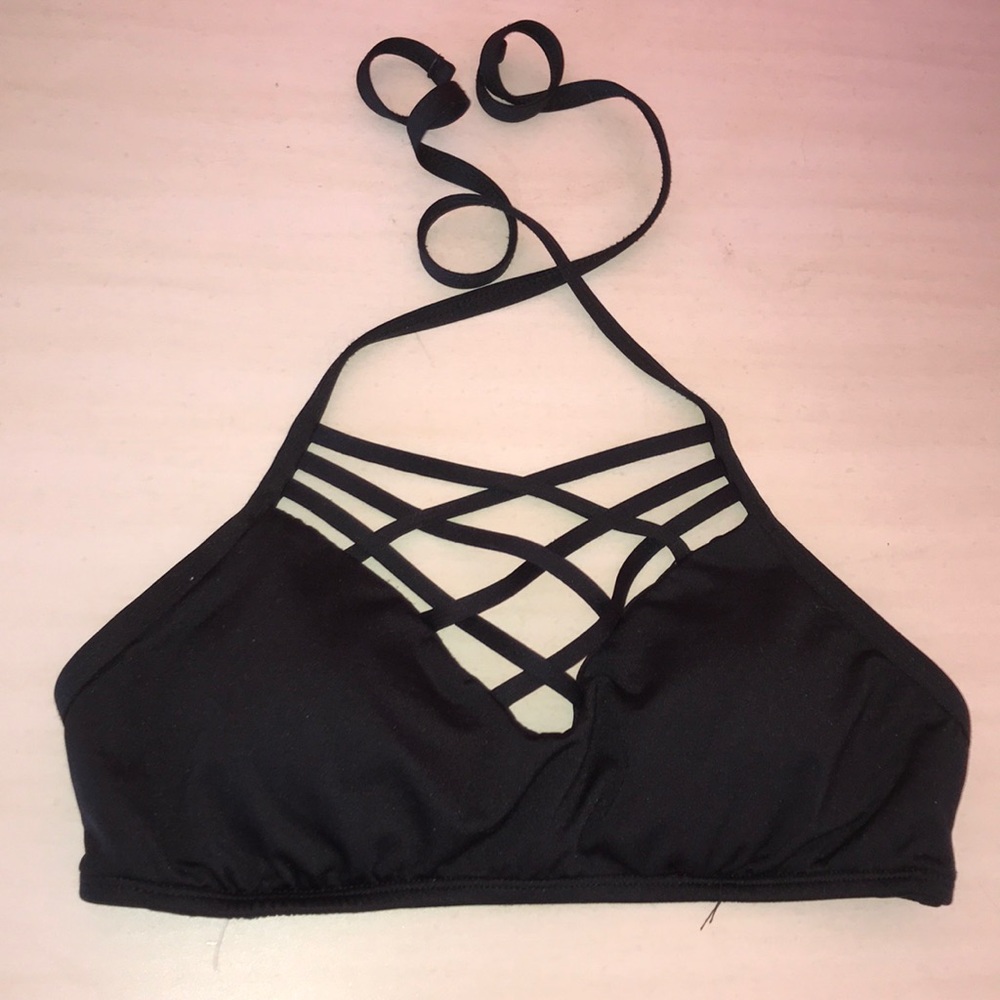 black lace up halter bikini top